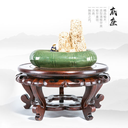 佛像玉石头实木花架圆形底座