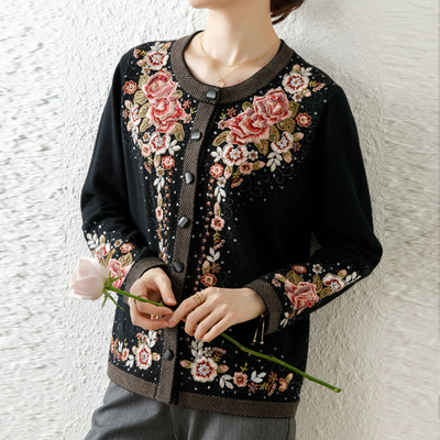 亿喜绣 中老年秋冬打底羊毛衫喜婆婆毛衣开衫高档绣花婚宴款92118