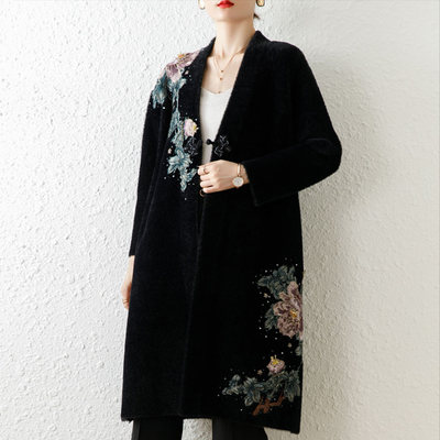 亿喜绣 中老年外套妈妈加厚毛大衣高档绣花仿貂毛针织开衫92119