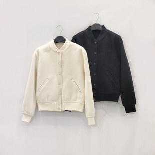 外贸原单尾货 羊绒羊毛棒球外套女Th~休闲美式宽松短款毛呢夹克衫