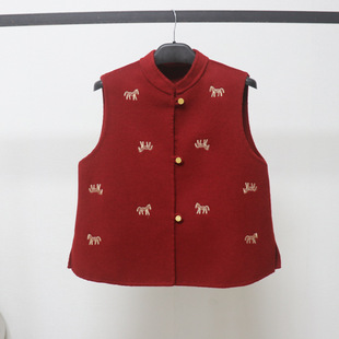 绵羊毛新中式红色新年马甲坎肩女国风金线刺绣外穿羊毛呢背心秋冬