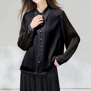 大尖领衬衫上衣女新款2026年春夏季雪纺小衫翻领黑色百褶长袖衬衣
