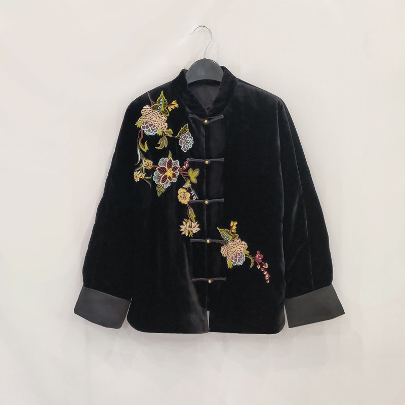 真丝丝绒绣花新中式棉衣盘扣外套