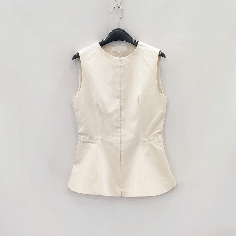 外贸女装 春夏季修身版型圆领纯棉无袖上衣米白色小背心马甲外穿