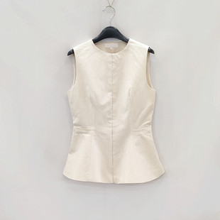 外贸女装 春夏季修身版型圆领纯棉无袖上衣米白色小背心马甲外穿