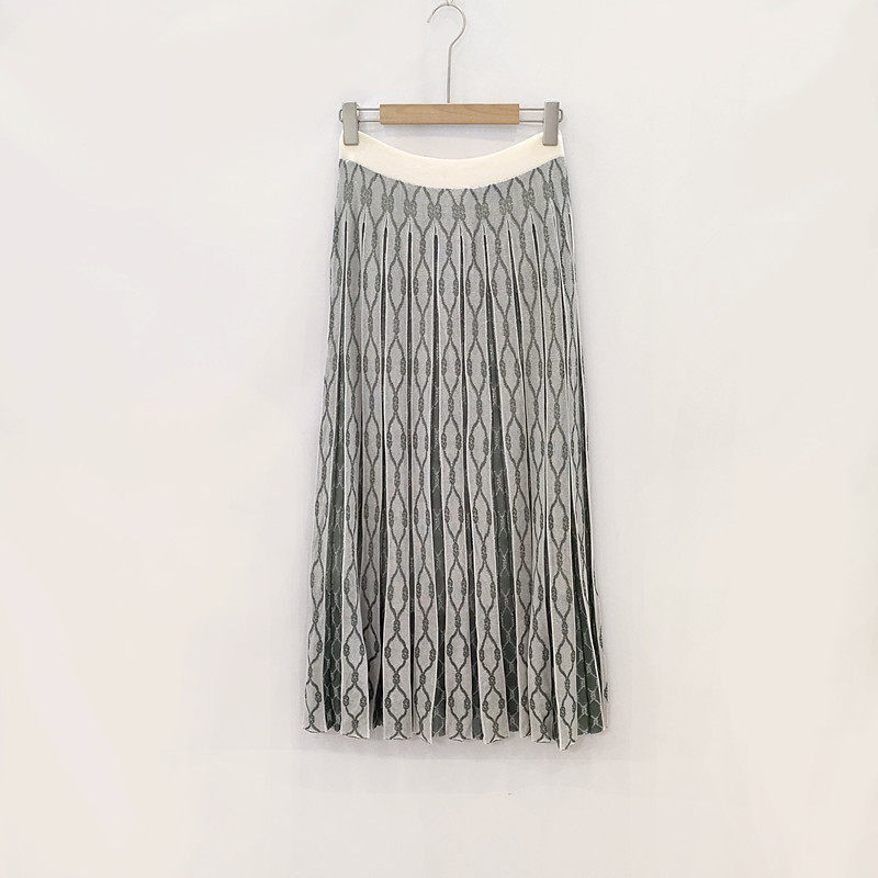 美式轻奢春秋森林绿撞色提花重工轻薄款针织裙A字裙半身裙长裙女