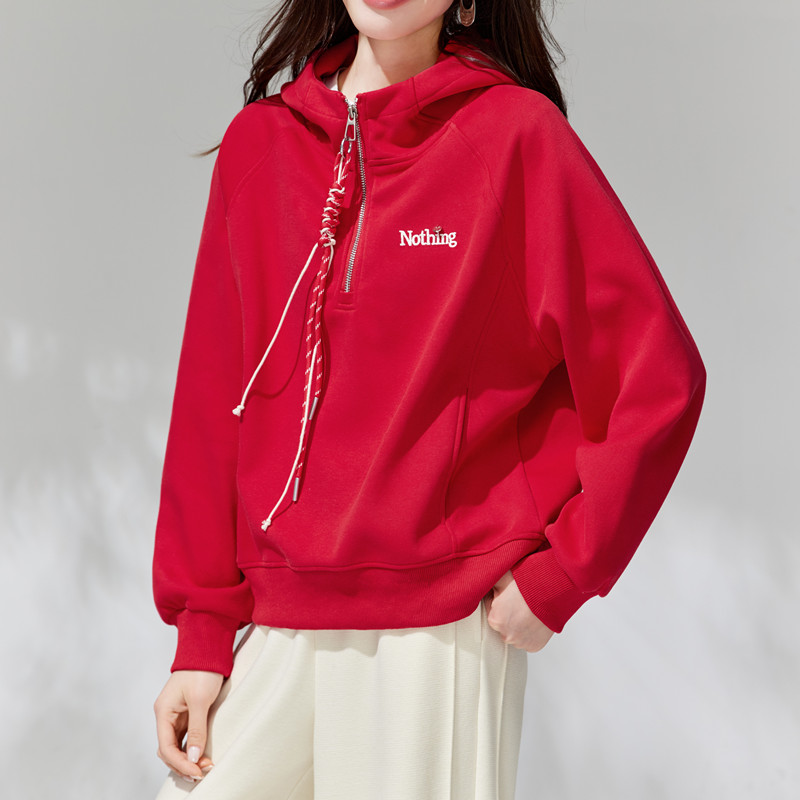 半拉链连帽红色卫衣外套女春秋新款慵懒风简约高级感宽松休闲上衣