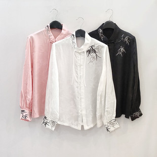 原创汉服对襟立领真丝绸缎黑白衬衫上衣女桑蚕丝国风重磅刺绣衬衣