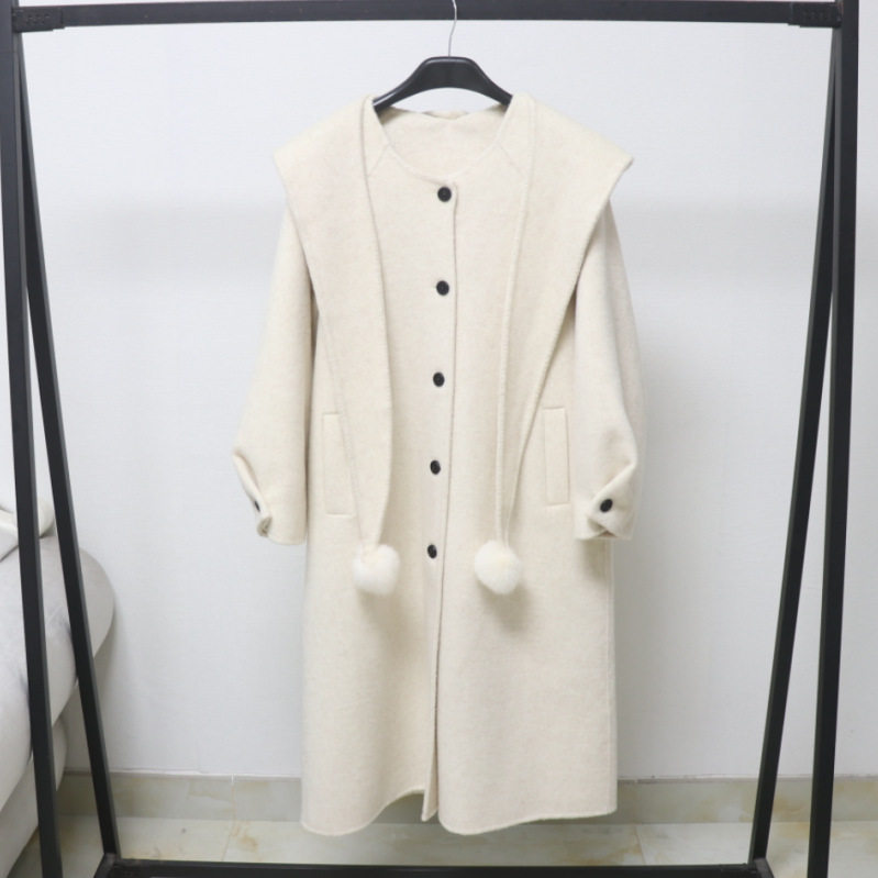 韩国双面羊绒大衣中长款秋冬新款披肩帽附带毛球宽松显瘦羊毛外套