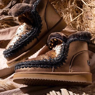 鱼鳞亮片系列美拉德爱斯基摩18CM晶钻羊皮毛一体平底雪地靴女