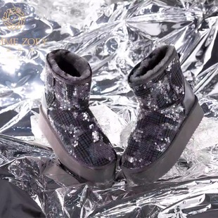 高级灰亮片皮毛一体厚底隐形内增高10.5cm保暖雪地靴女 内增高