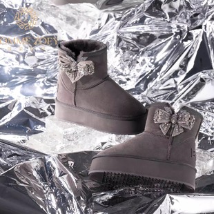 增高10.5cm水钻蝴蝶结羊皮毛一体厚底隐形内增高雪地靴女 内增高