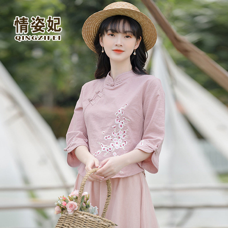 中国风复古唐装盘扣茶服棉麻绣花旗袍上衣民国风改良汉服两件套夏