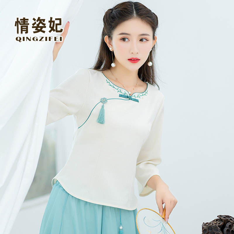 中国风中式茶服女姐妹装汉服改良版唐装旗袍上衣茶艺师采耳工作服