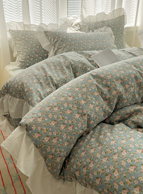 韩式小碎花田园风绿色四件套纯棉花边被套床单全棉公主床上用品