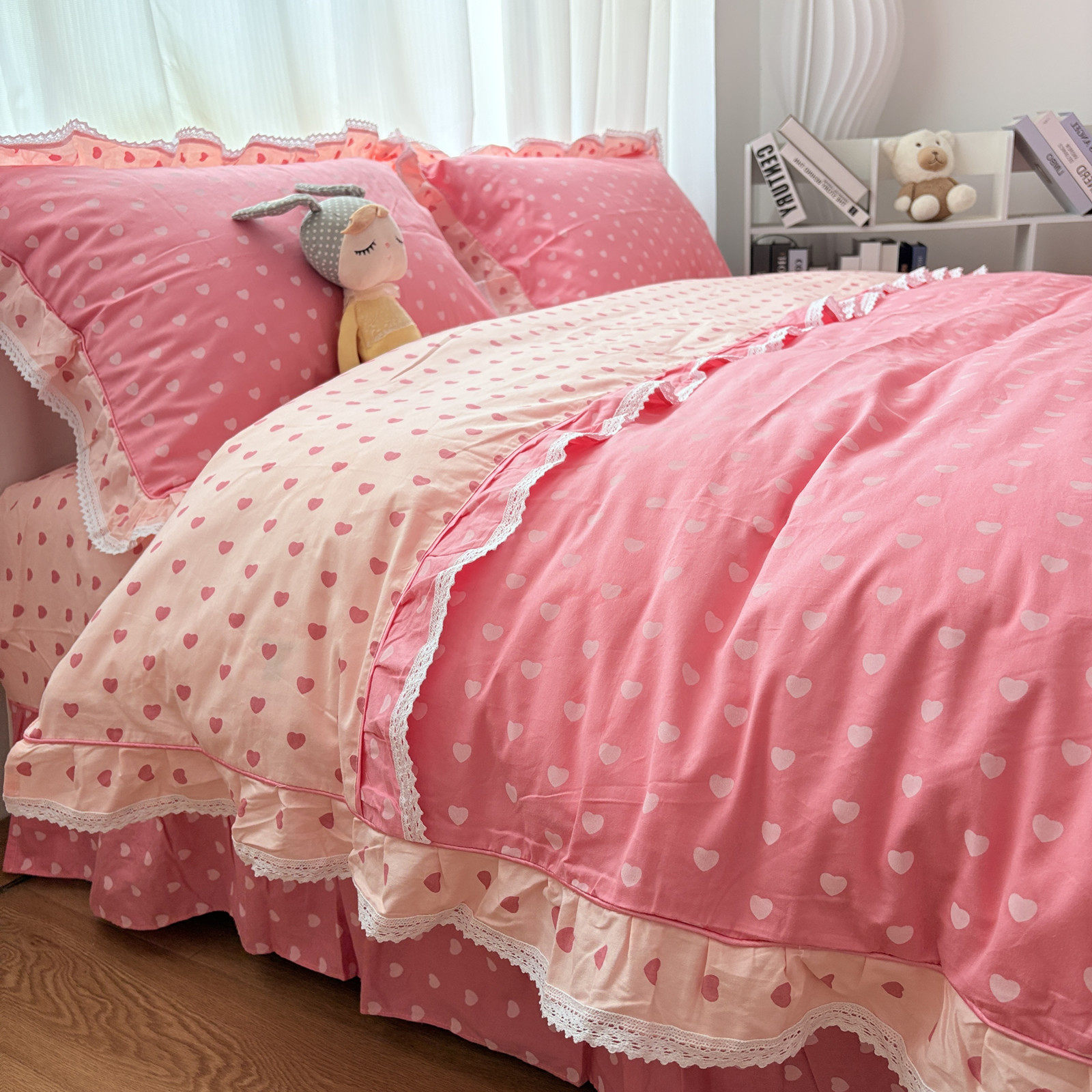 韩版田园风花边四件套纯棉全棉韩式粉色小爱心被套床单床上用品