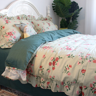美式 复古田园风小碎花全棉四件套纯棉床单床裙款 被套绿色床上用品