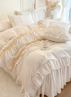 优丝雅全棉纯色床裙四件套纯棉被套床单白色韩版花边亲肤床上用品
