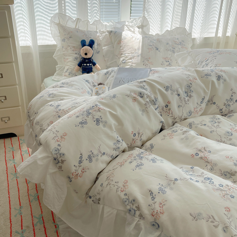 美式田园风白色花边四件套纯棉被套床单床裙全棉韩式公主床上用品