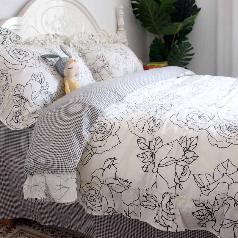 田园风小碎花黑白色玫瑰花花卉四件套纯棉全棉床单床裙款床上用品