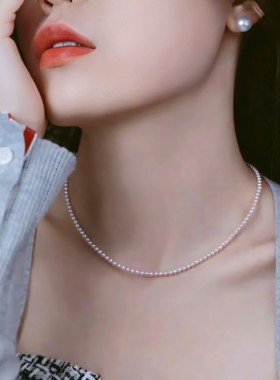 樱花粉4mm施家小米珠项链42cm+5cm