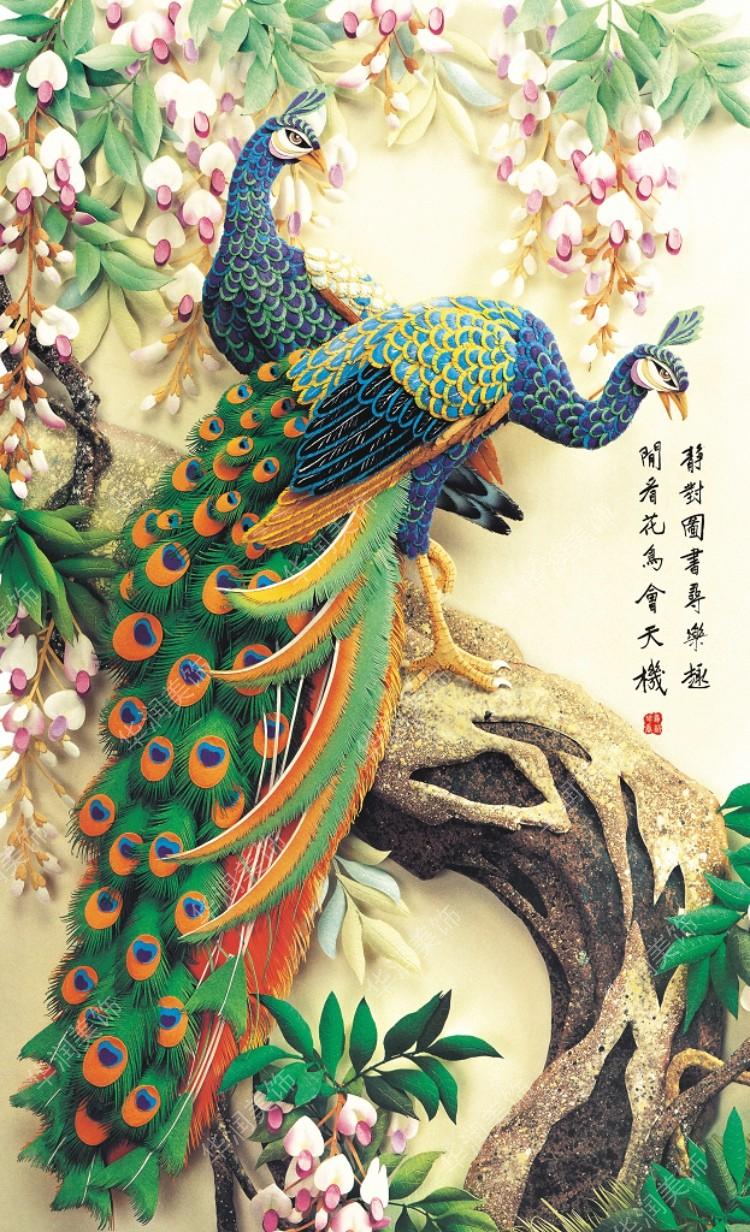 孔雀中式现代装饰画复古油布芯书房咖啡馆餐厅办公室挂海报墙贴纸图片