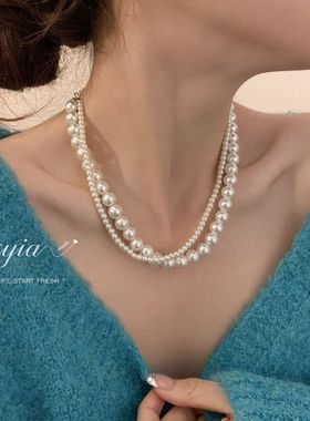 双层珍珠项链女叠戴2024年新款高级设计感轻奢小众复古颈链锁骨链