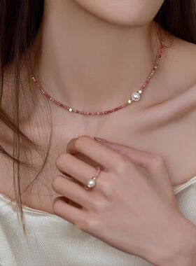 法式高级感红纹石珍珠项链女2023新款爆款轻奢小众锁骨链颈链
