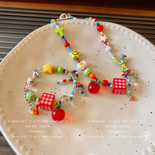 多巴胺彩色莓莓蝴蝶结项链手链女