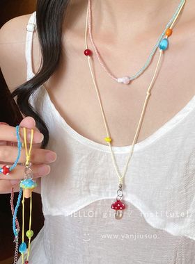 脆脆朱古力 春夏长款多巴胺串珠蘑菇项链女2025新款超火挂脖配饰