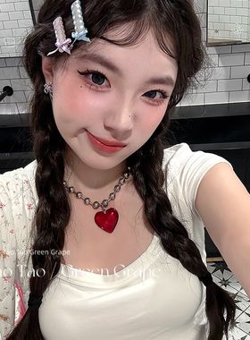 甜酷辣妹风红色爱心项链女卫衣链颈链小众高级感2024新款
