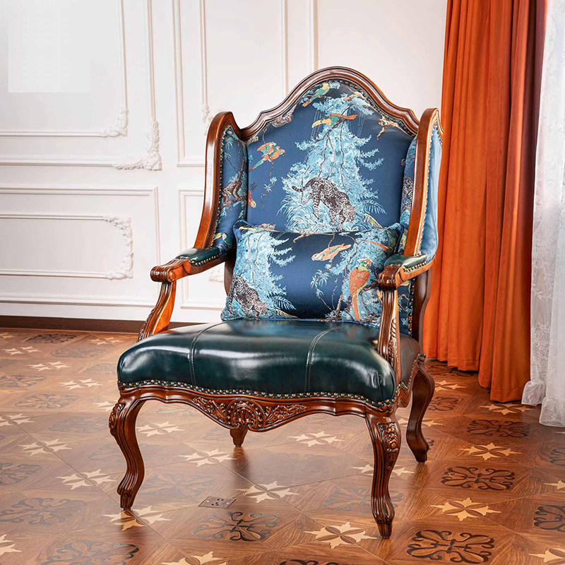 美式复古高端休闲椅单人沙发椅欧式客厅实木老虎椅真皮沙发坐椅