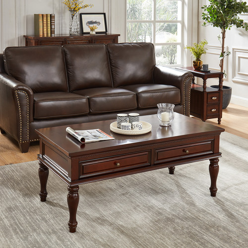 美式实木客厅茶几简约复古茶桌1.2长方形茶几抽屉储物茶几小户型