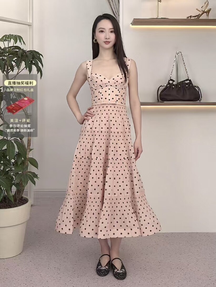 保真的ZM粉色波点吊带连衣裙生连衣裙