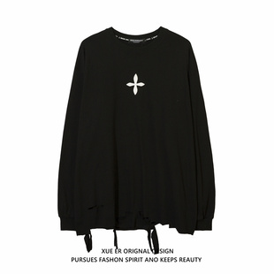 t恤男ins暗黑嘻哈百搭打底衫 XUE 四叶草潮牌破烂长袖 爆炸星球