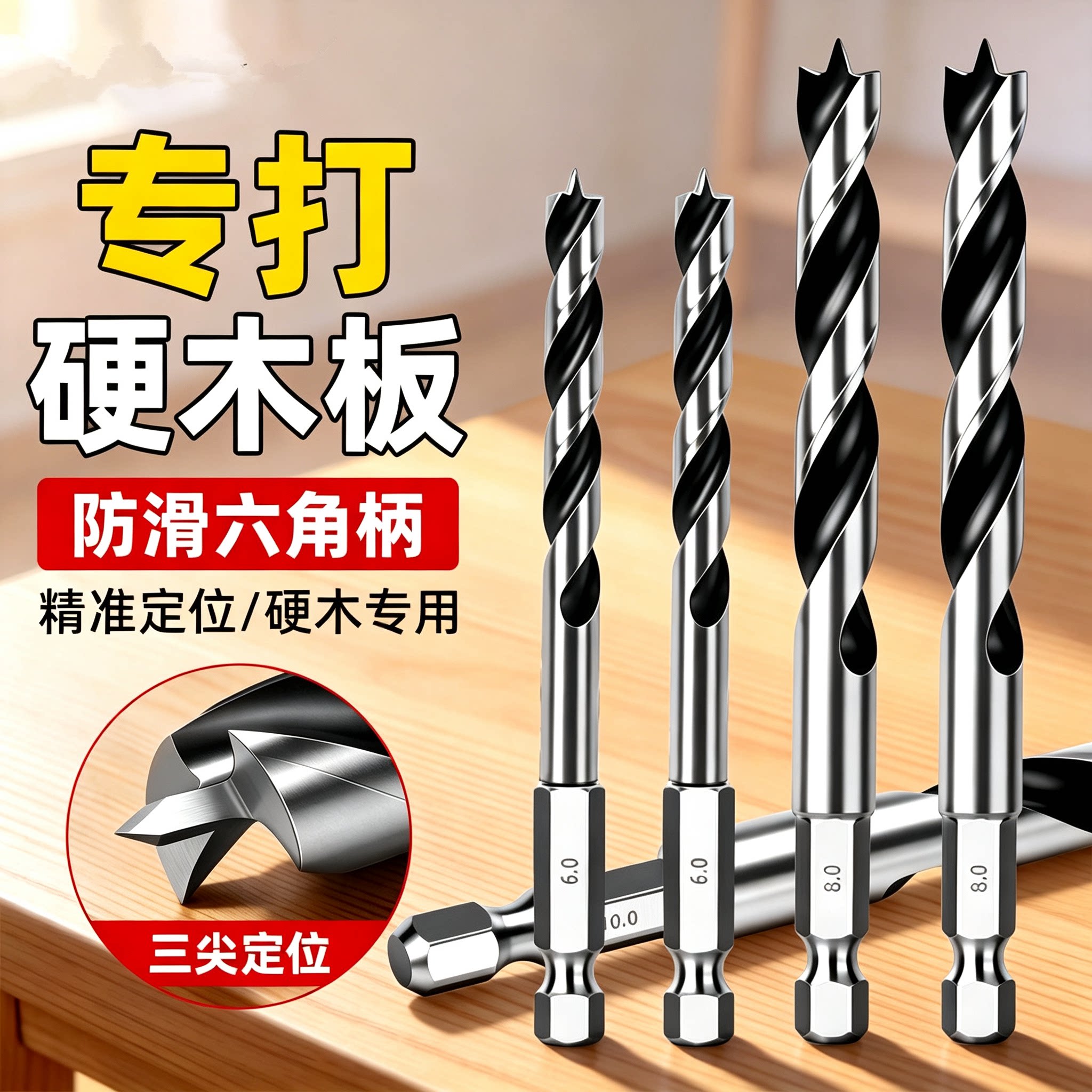 木工钻头六角柄麻花钻专用木头木板打孔三尖钻钻孔器电钻高硬度