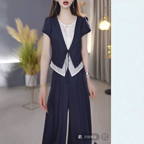 夏季显瘦假两件阔腿礼服套装