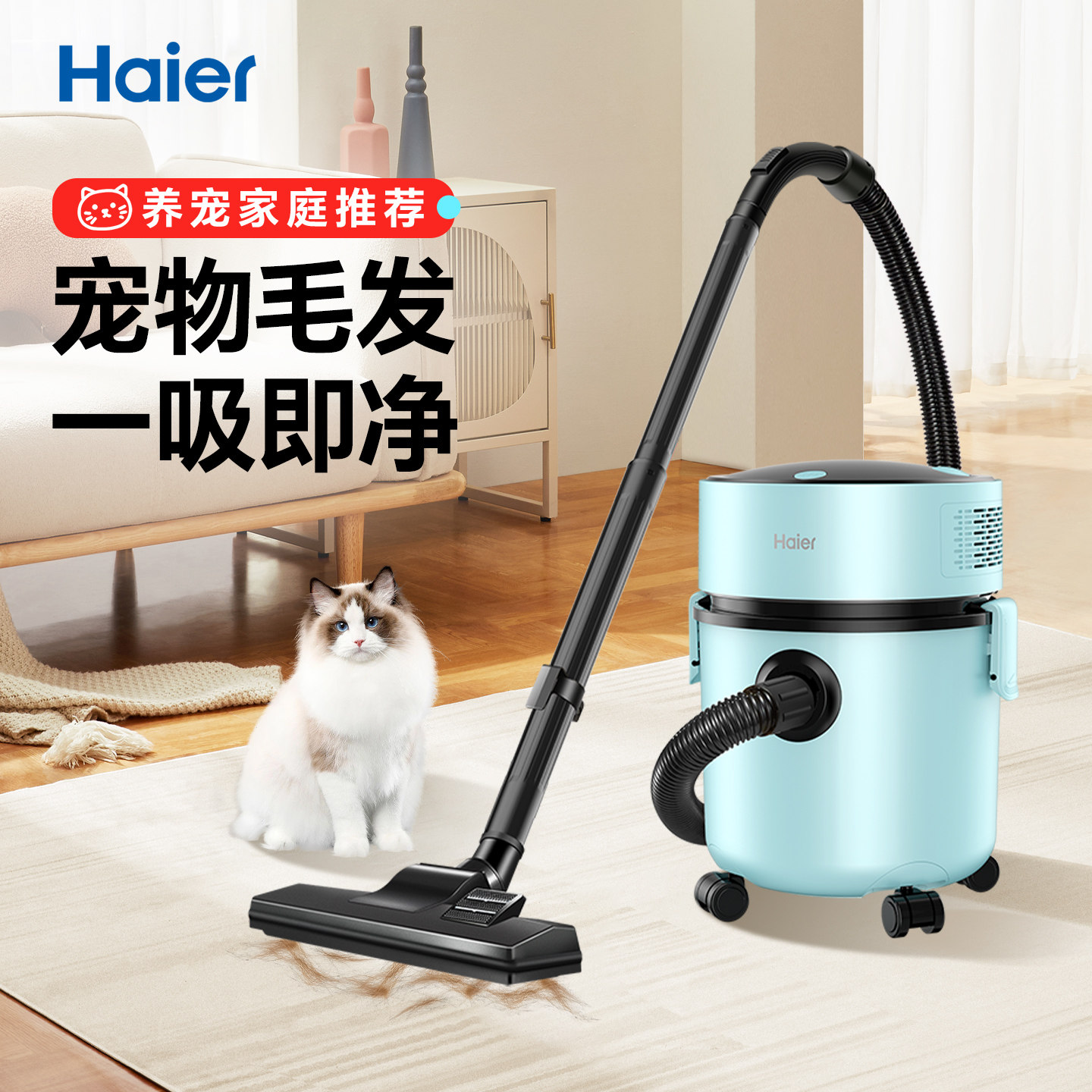 海尔吸尘器家用大吸力吸宠物猫狗毛干湿两用强力手持地毯吸尘机