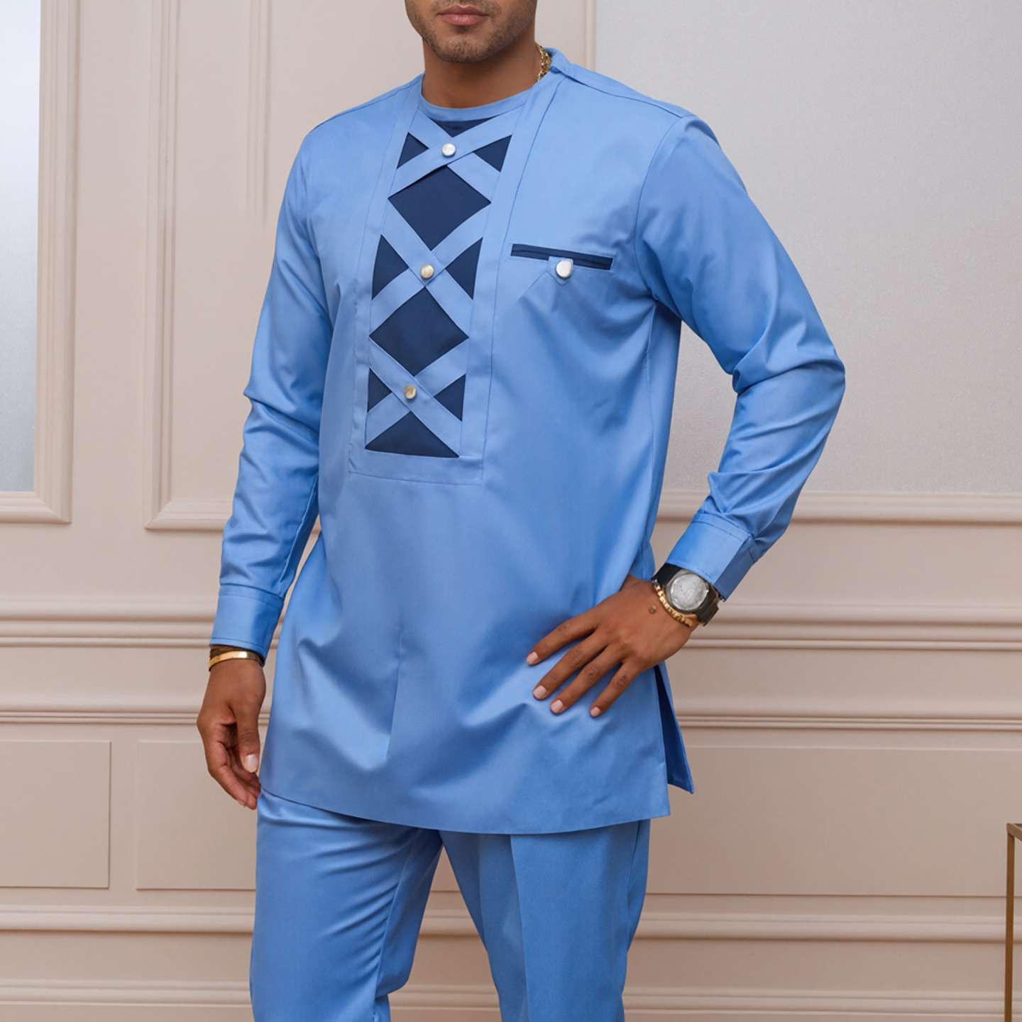 男士蓝色几何长袖非洲民族风套装