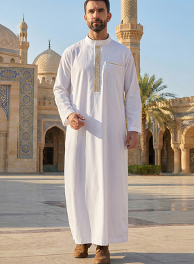 迪拜阿巴亚长袍立领刺绣长款衬衫中东阿拉伯土豪民族服饰大码宽松