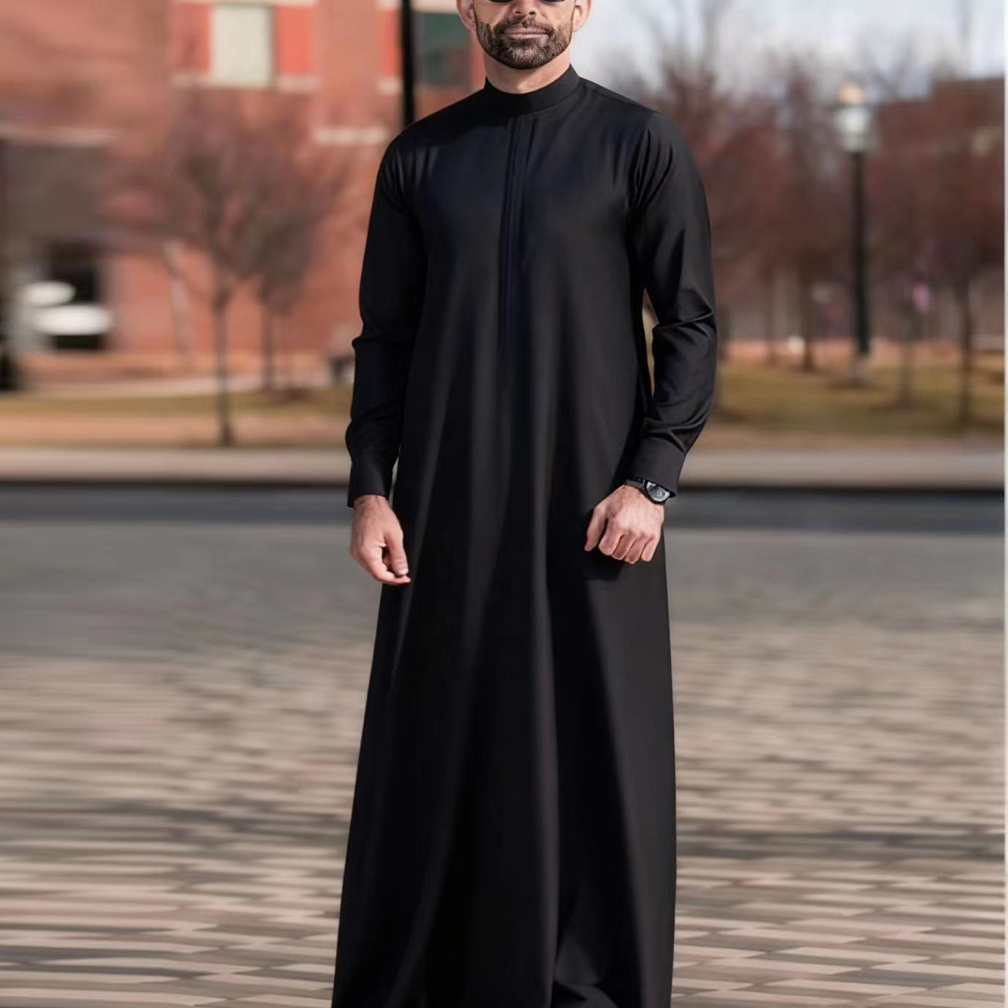 Muslim Arab Gown Thobe阿拉伯男士长袍简约长袖立领宽松迪拜长衫