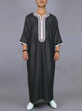 Kaunda Men Gown Thobe LongRobe男士立领刺绣穆斯林迪拜长袍袍子