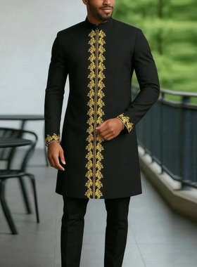 Muslim Men Clothing非洲中东阿拉伯男刺绣长袖穆斯林民族装礼服