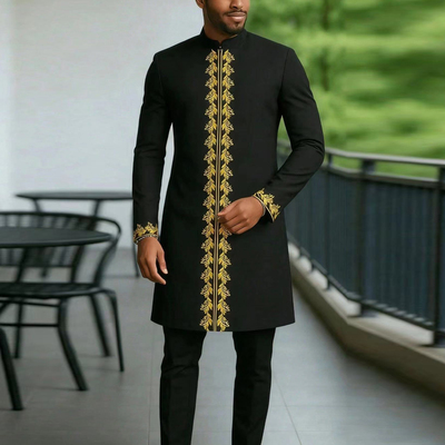 African Men Clothing非洲男刺绣长袖民族服饰装礼服上衣加裤子