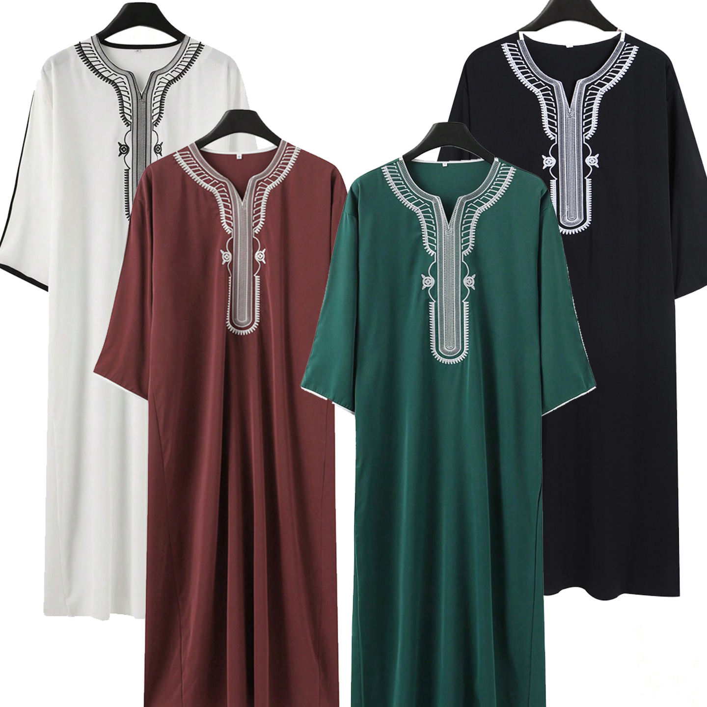 Muslim men Thawb男士长袍刺绣V领宽松民族服饰阿拉伯长衫礼拜服