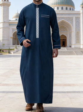 Muslim Arab Robe迪拜长袍男士立领刺绣宽松民族服装礼拜服衬衫