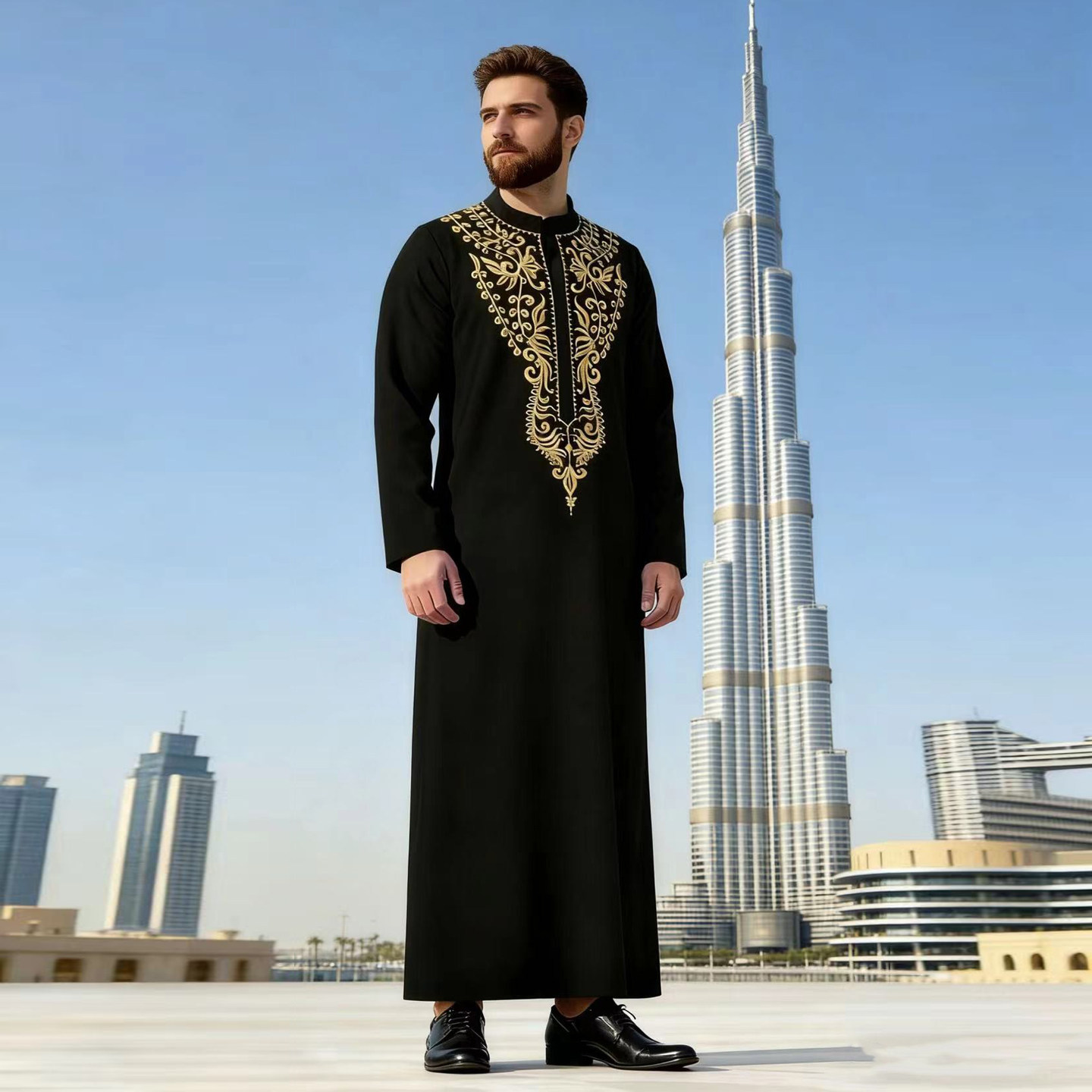 阿拉伯男士长袍立领黑金刺绣长衫迪拜土豪民族服饰长褂MuslimRobe