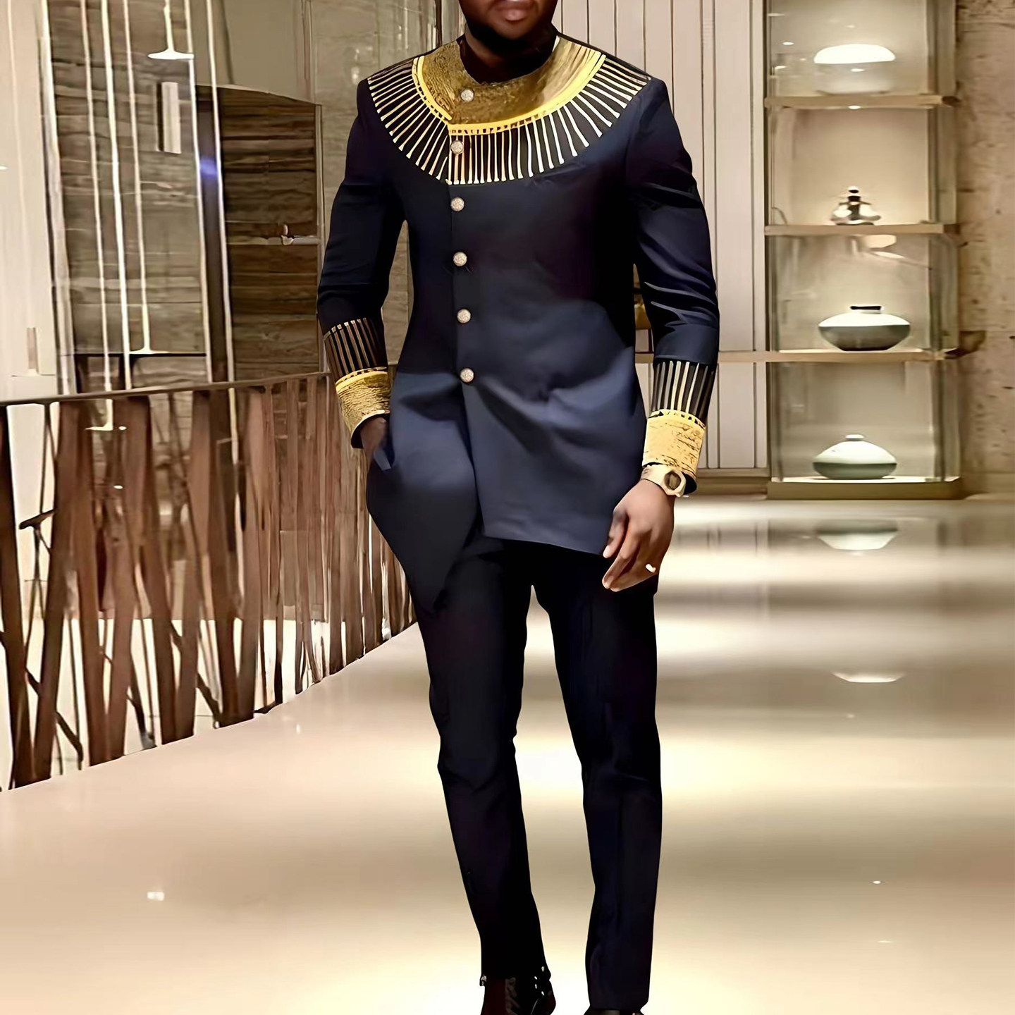 African Men Clothing非洲男士刺绣衬衫裤子传统民族服饰西服礼服