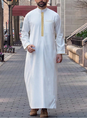 Muslim Men Robe男士长袍刺绣民族服饰迪拜阿拉伯长袍连体衣长衫