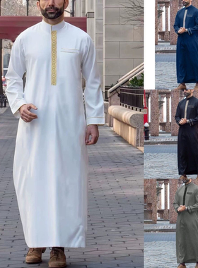 Muslim Men Robe Thobe Dress男士阿拉伯长袍刺绣民族连体衣袍子